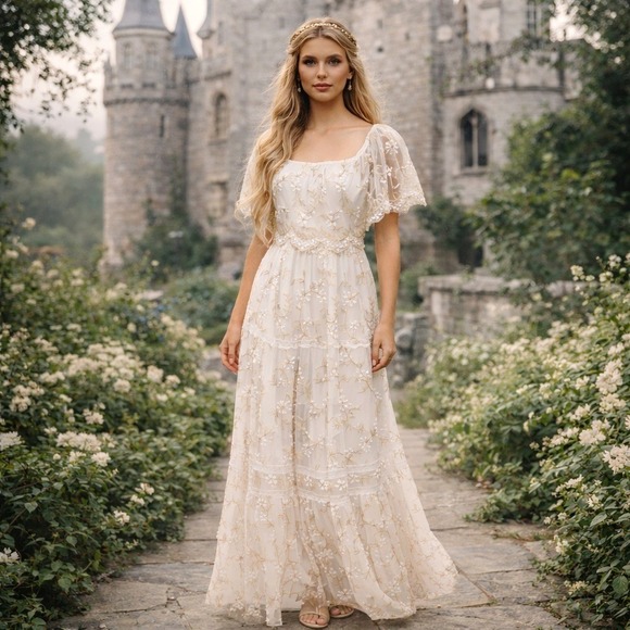 Baltic Born Dresses & Skirts - Baltic Born White Floral Lace Embroidered Maxi Dress Cottagecore Bridal Fairy L